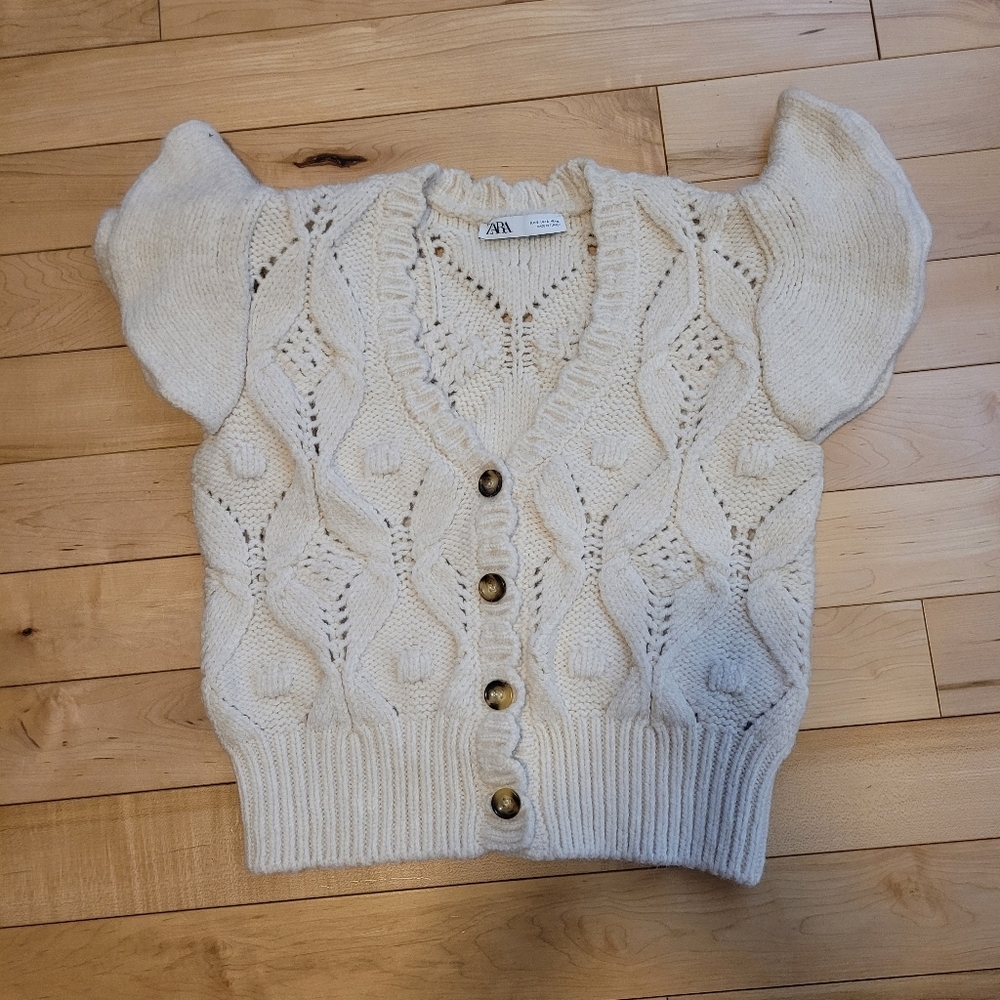 Zara Cream Knit Puff-Sleeve Button Cardigan